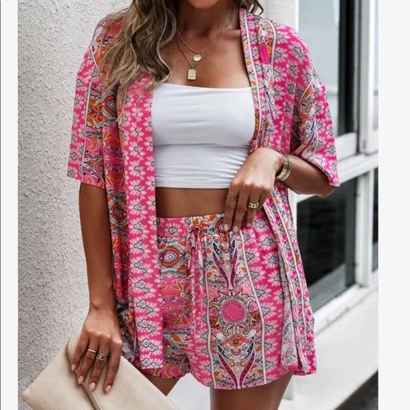 Boho Floral Paisley Print Open Front Kimono Top Shirt Blouse Shorts Set PINK - Picture 4 of 14